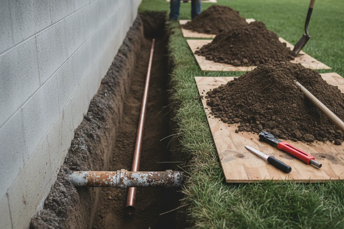Excavated water line trench during Water Softener Installation in Leverett
